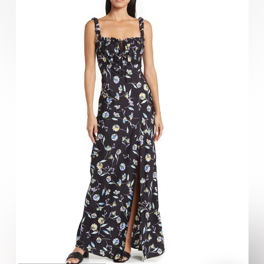 NWT Nicholas Nina Danbury Floral Print Black Silky Maxi with Front Slit Revolve